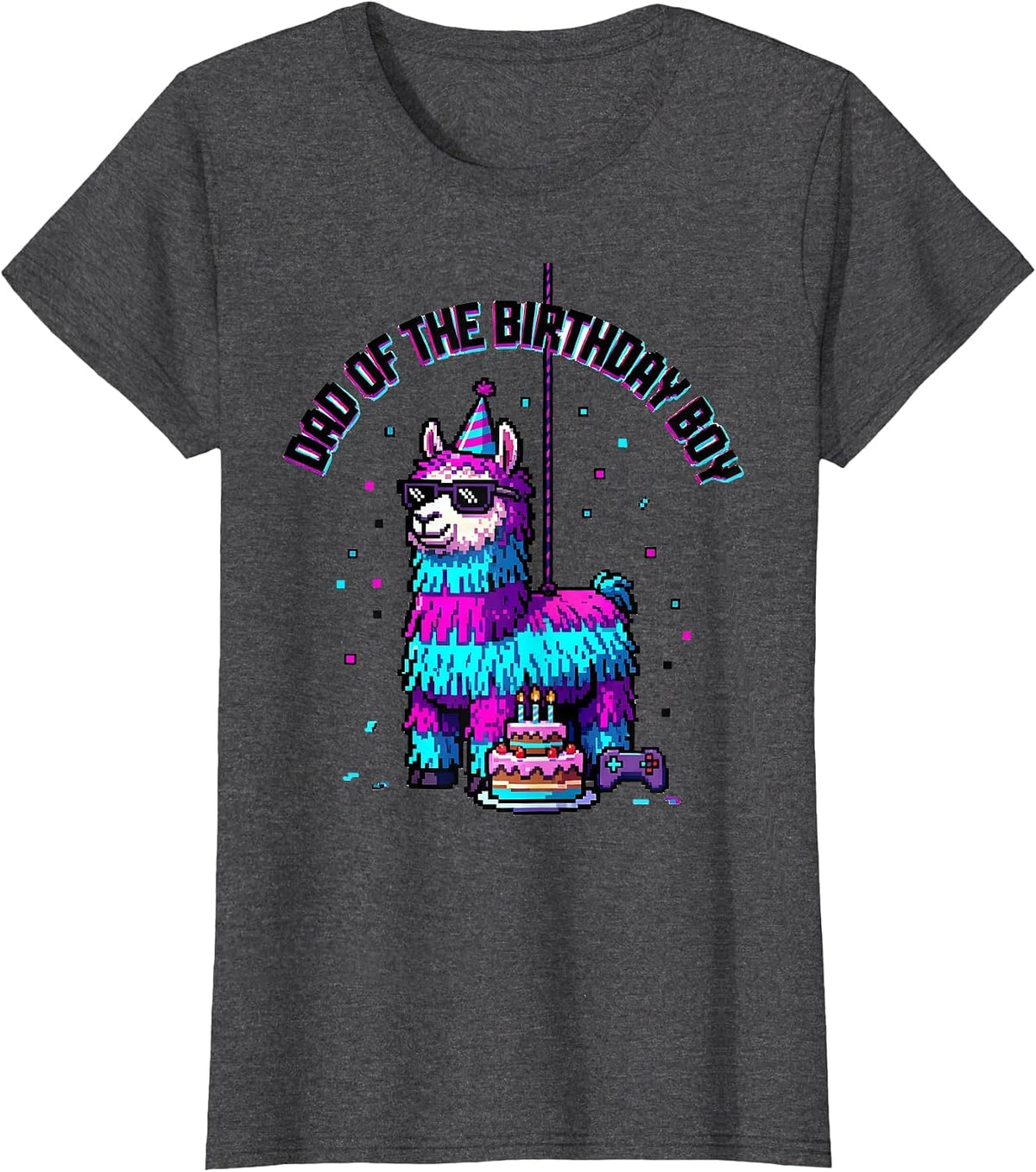 Women's Dad Of The Birthday Boy Pixel Art Llama Piñata Gamer Party T-Shirt - Dark Heather Grey