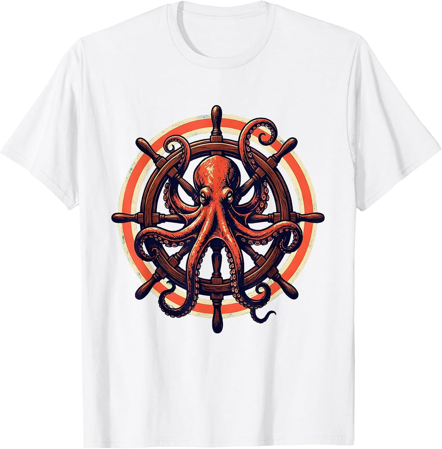Men's Octopus Tangled Around Ship Steering Wheel T-Shirt - White