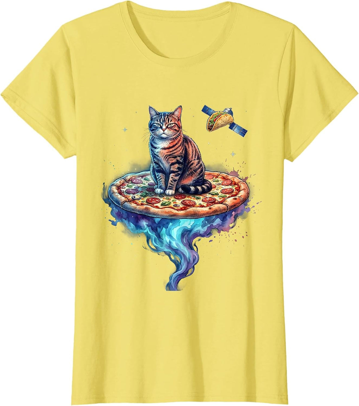 Women's Unimpressed Cat on Pizza Space Meme Funny Gift T-Shirt - Lemon Yellow