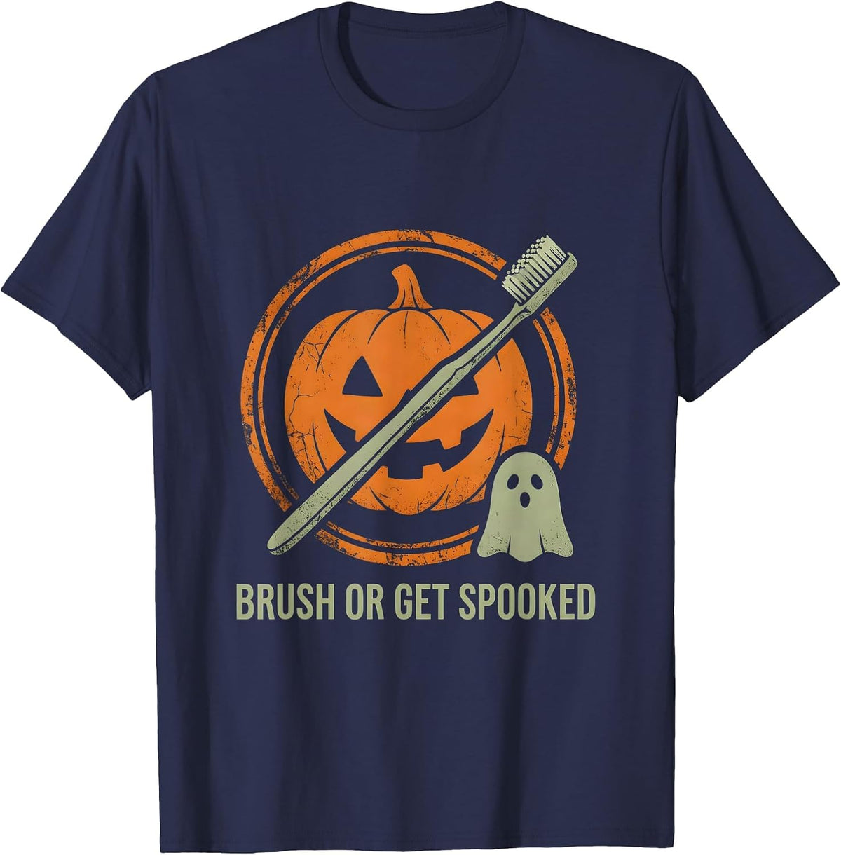 Men's Brush or Get Spooked Halloween Dental Design T-Shirt - Navy Blue