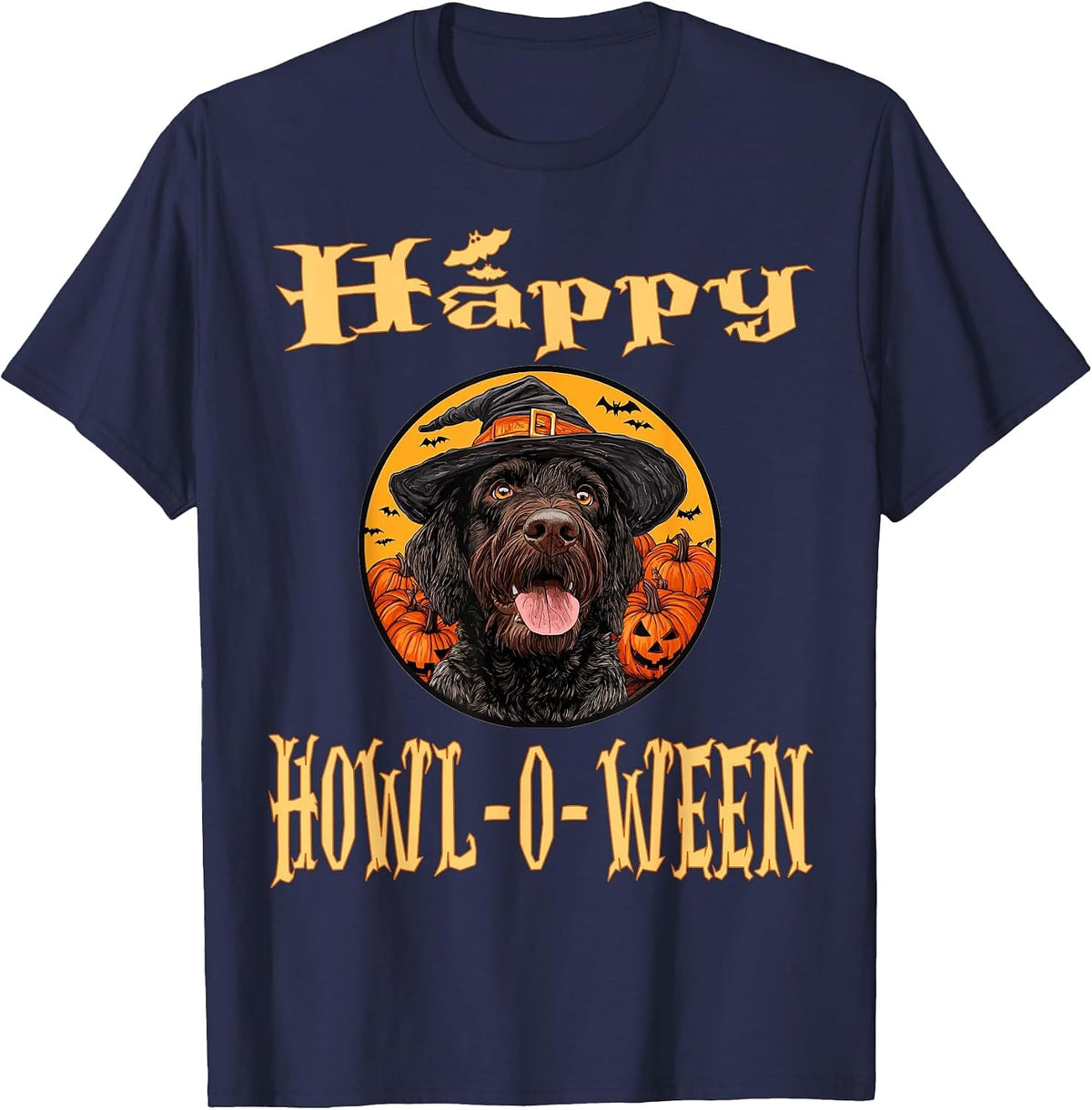 German Wirehaired Pointer Dog Whitch Hat Halloween Pumpkin T-Shirt - Navy Blue