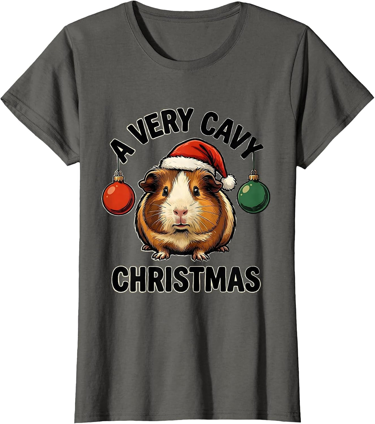 Women's A Very Cavy Christmas Funny Guinea Pig Santa Hat Holiday T-Shirt - Asphalt Grey
