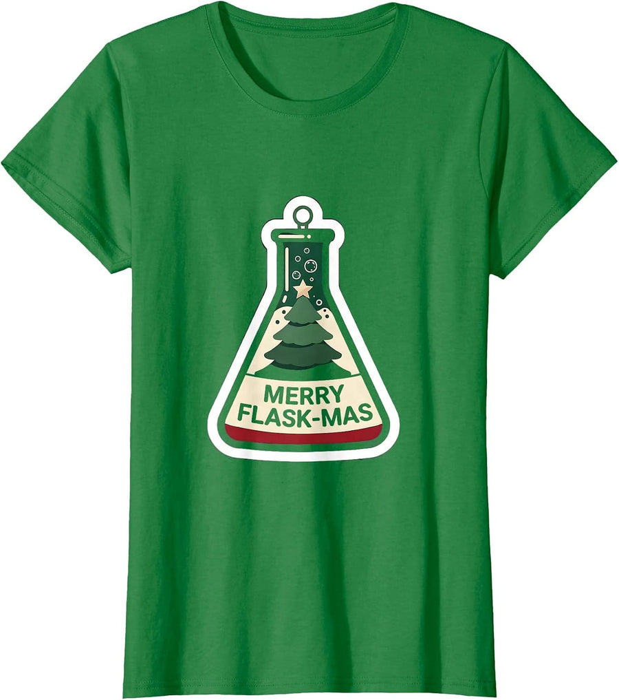 Women's Merry Flask-mas Funny Teacher Christmas STEM Humor T-Shirt - Kelly Green