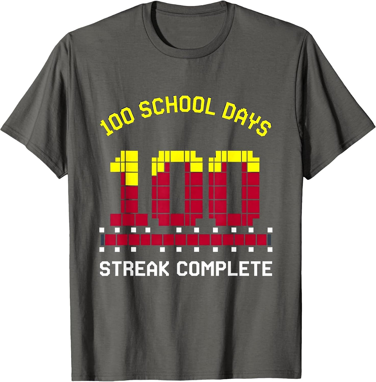 100 School Days Streak Complete Pixel Art Gamer School T-Shirt - Asphalt Grey