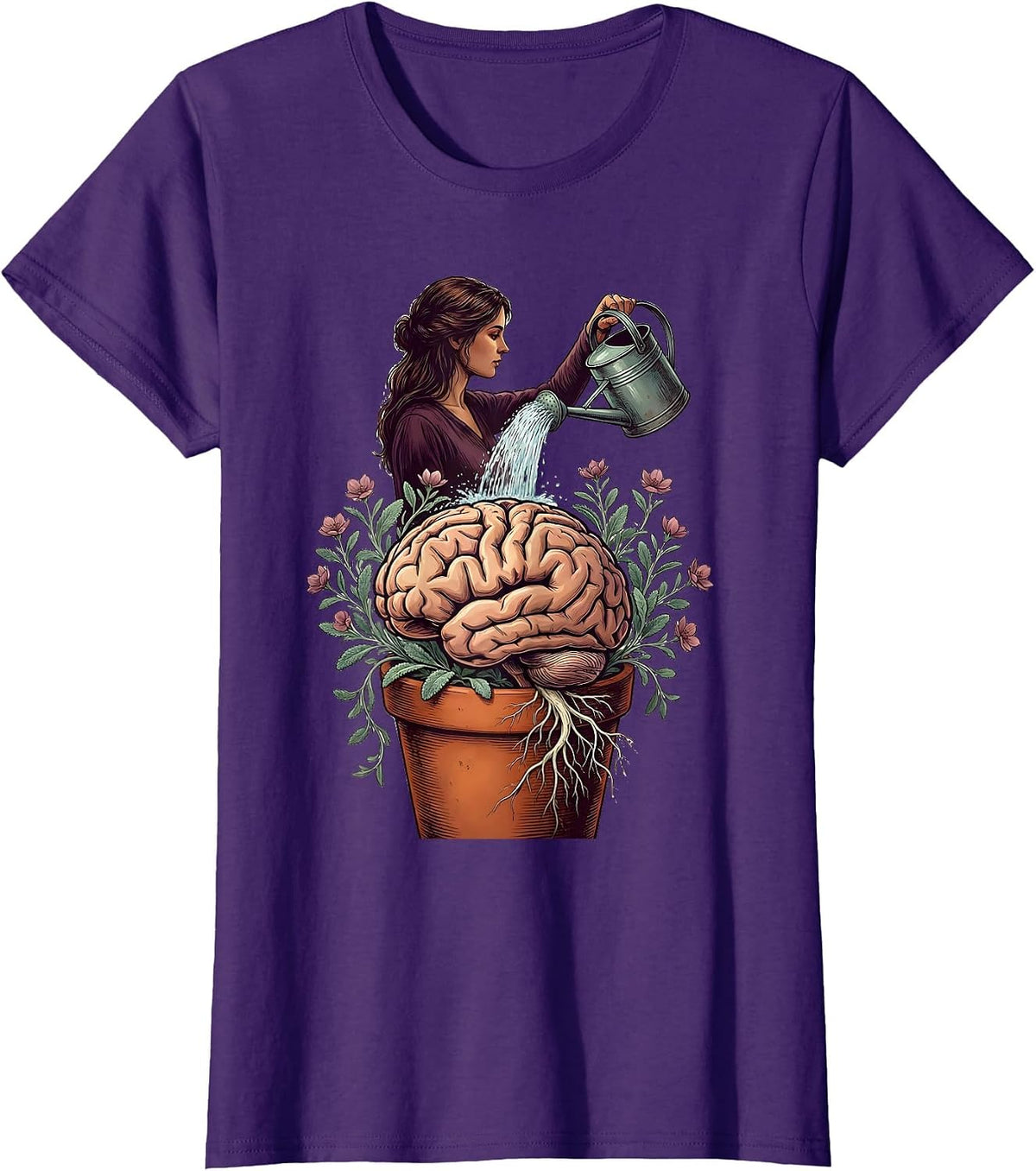 Women's Grow Your Mind Brain Watering Plant Illustration T-Shirt - Purple