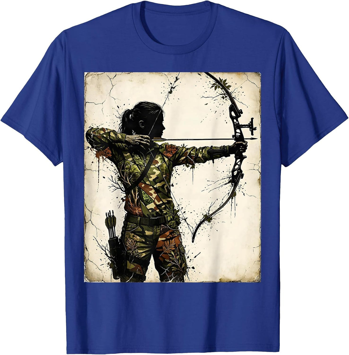 Woodland Camo Archer Drawing Bow Illustration T-Shirt - Royal Blue
