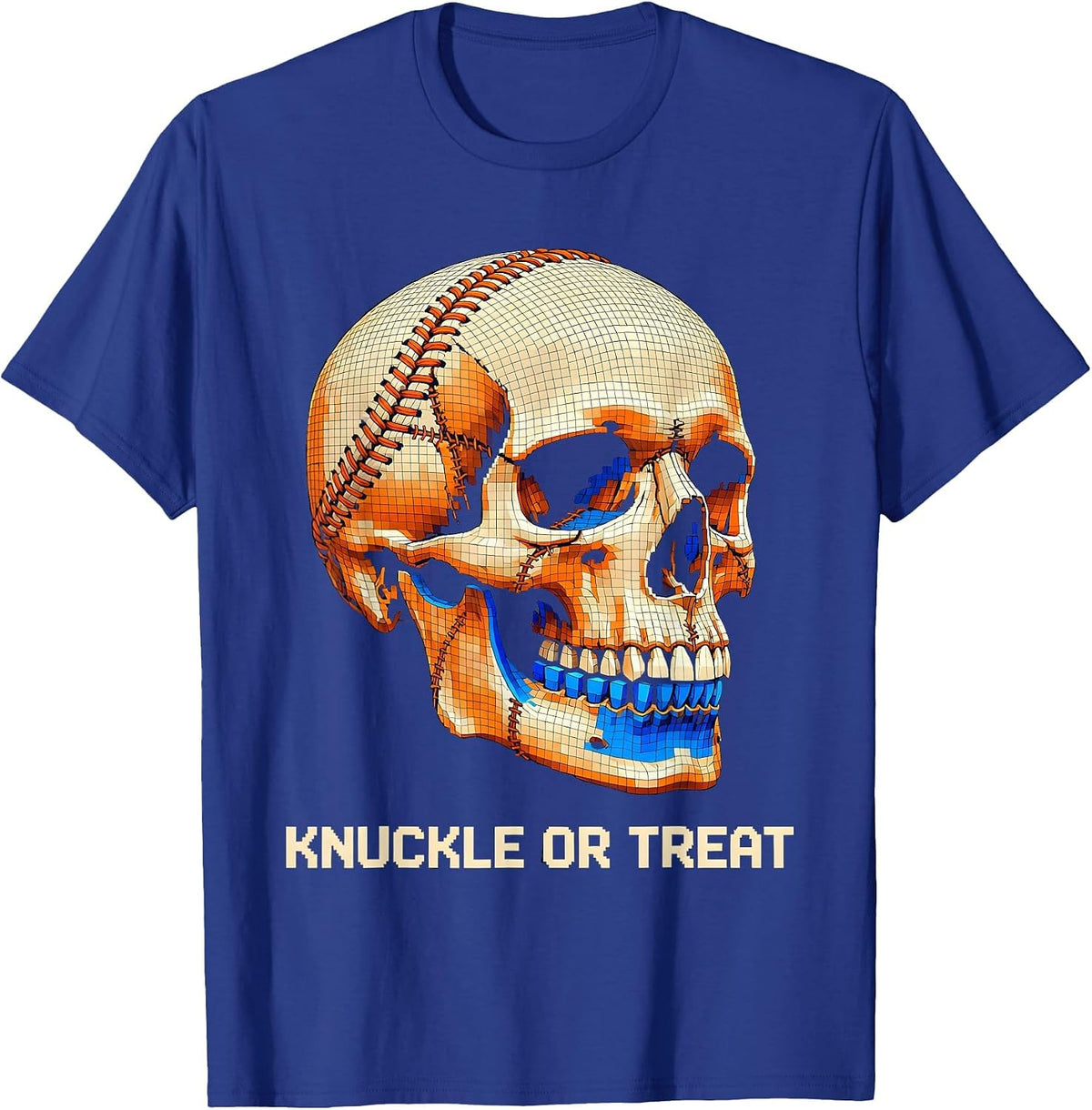 Knuckle Or Treat Pixel Art Skeleton Baseball Halloween T-Shirt - Royal Blue