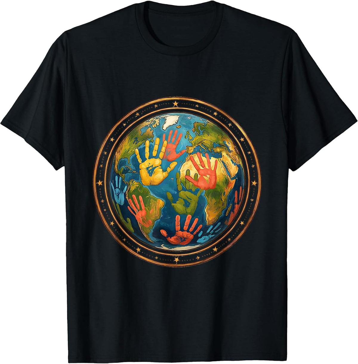 Men's Kindergarten Teacher Colorful Handprints Globe T-Shirt - Black