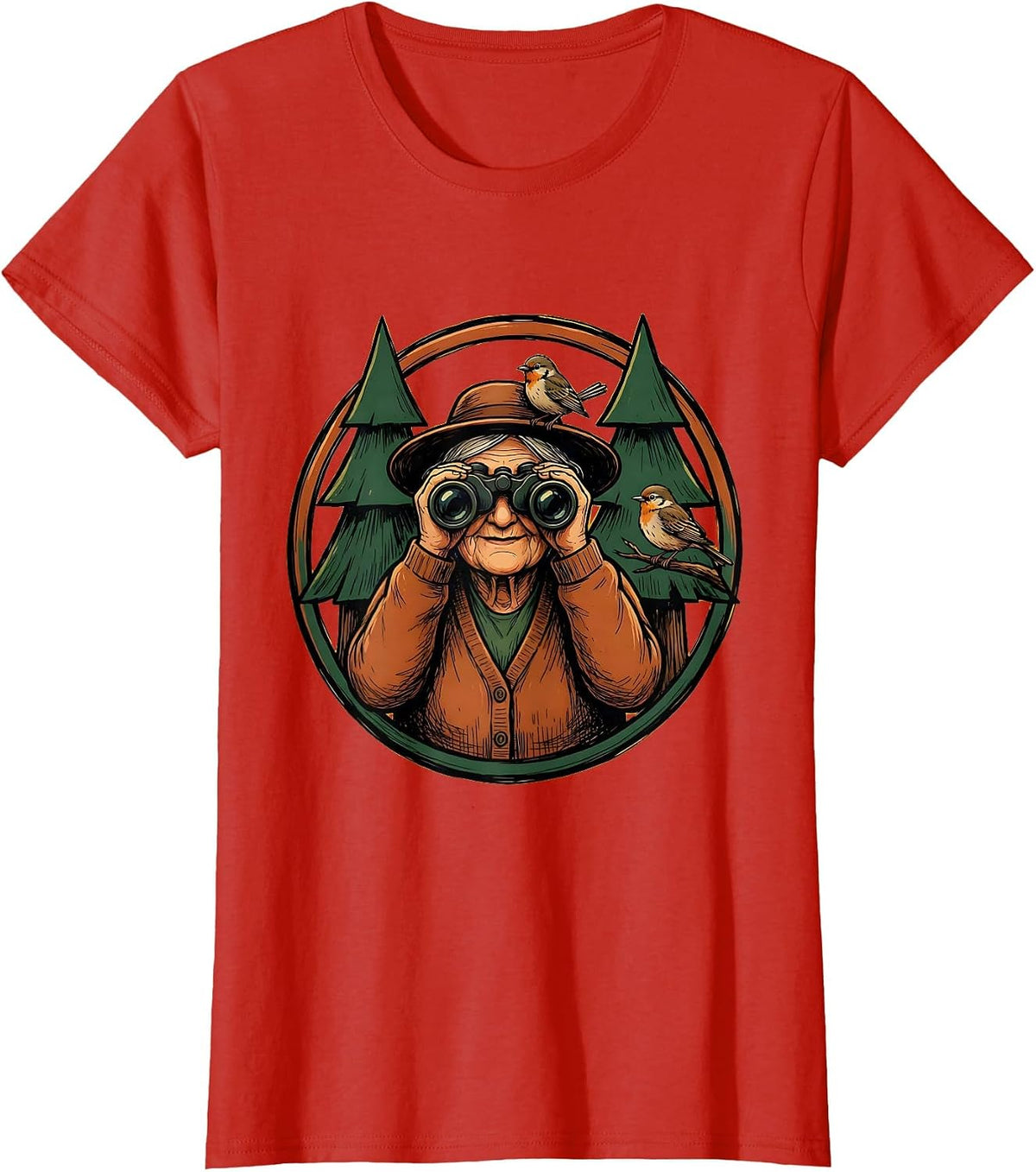Mimi Bird Watching Grandma in Forest Illustration T-Shirt - Red