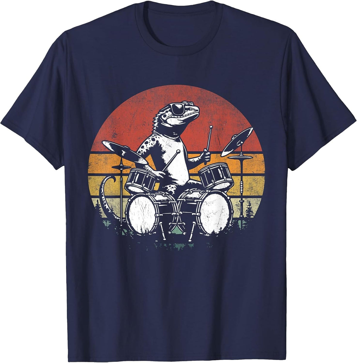 Funny Retro Lizard Drummer Rock Drummer Lizard Playing Drums T-Shirt - Navy Blue