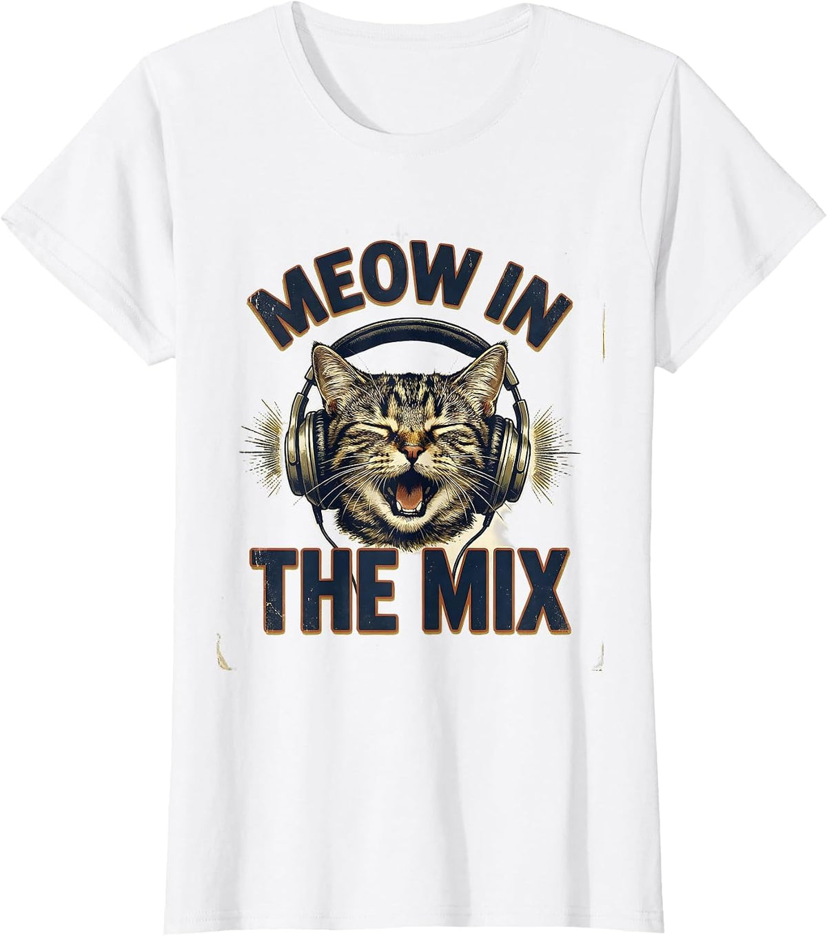 Women's Meow In The Mix Vintage Cat DJ Headphones Music Humor T-Shirt - White