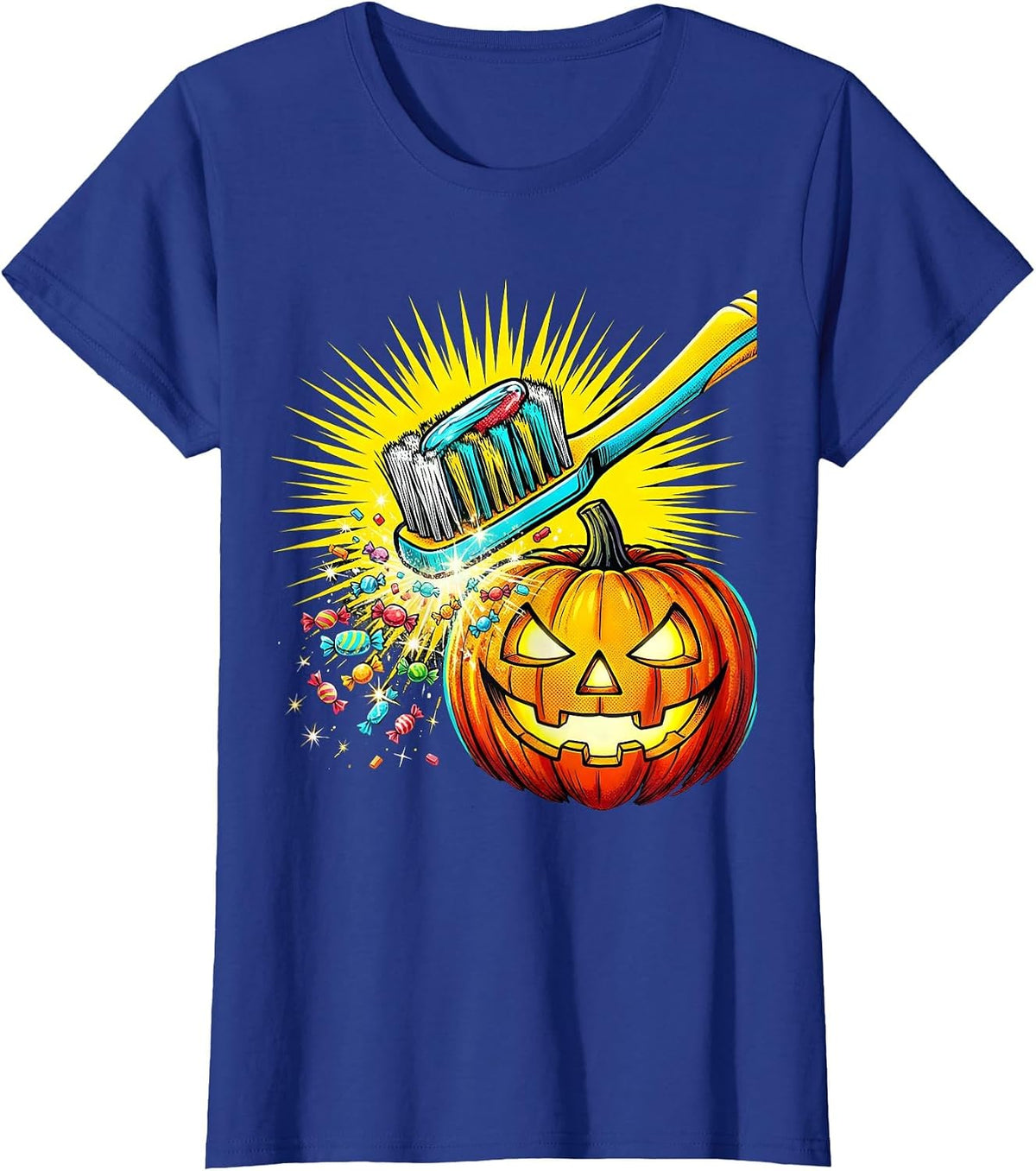 Women's Oversized Toothbrush Jack-O-Lantern Dental Humor Halloween T-Shirt - Royal Blue