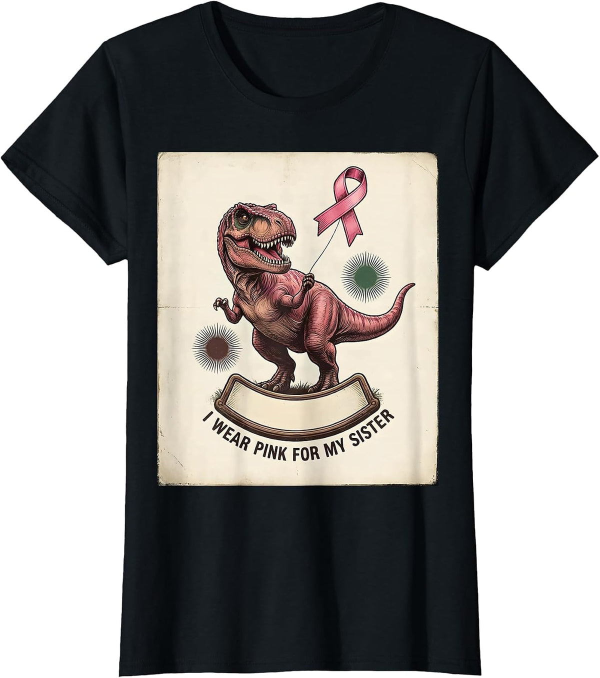 I Wear Pink For My Sister Vintage Dinosaur Family Tribute T-Shirt - Black