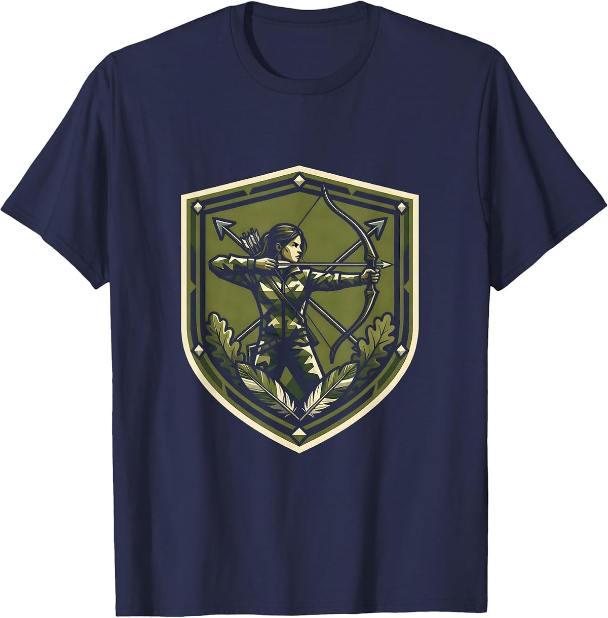 Camo Archer Hunter Bow and Arrow Illustration T-Shirt - Navy Blue