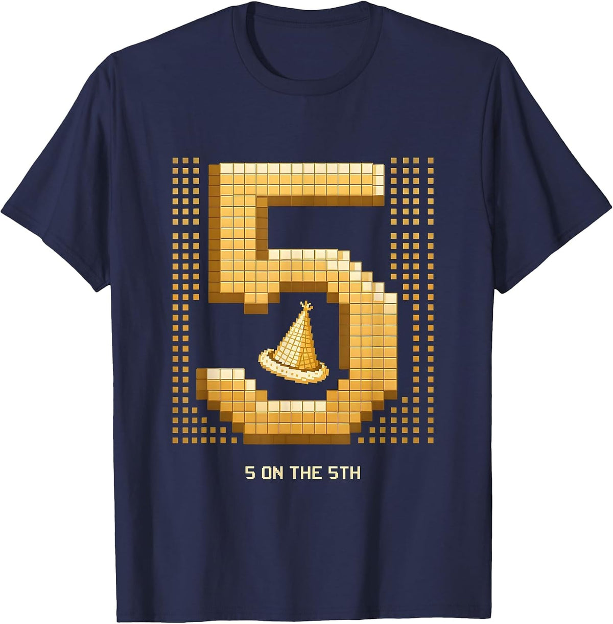 5 On The 5th Pixel Art Golden Birthday Toddler Party T-Shirt - Navy Blue
