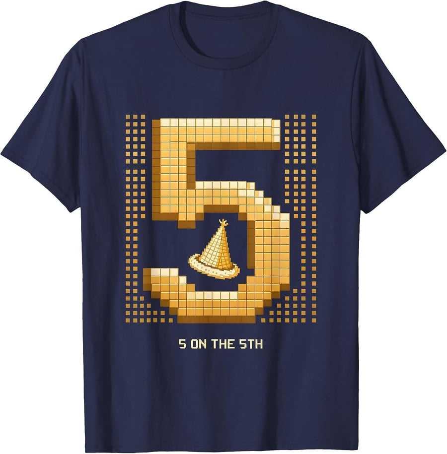 5 On The 5th Pixel Art Golden Birthday Toddler Party T-Shirt - Navy Blue