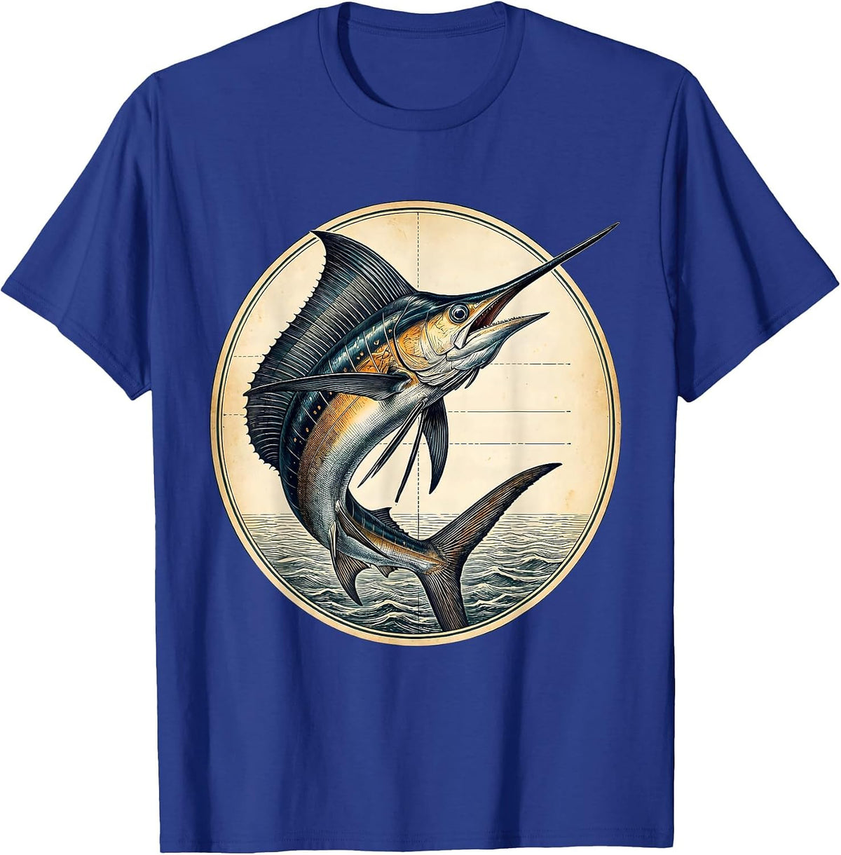 Giant Marlin Breaching Ocean Sunset Fishing Design T-Shirt - Royal Blue