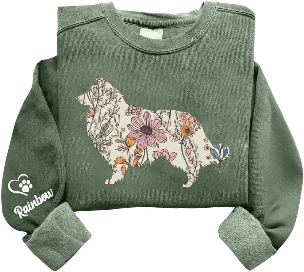 Personalized Floral Dogs Sweatshirt for Women, Custom Pet Name on Sleeve, Dog Lover Crewneck, Dog Mom Gift - Rough Collie