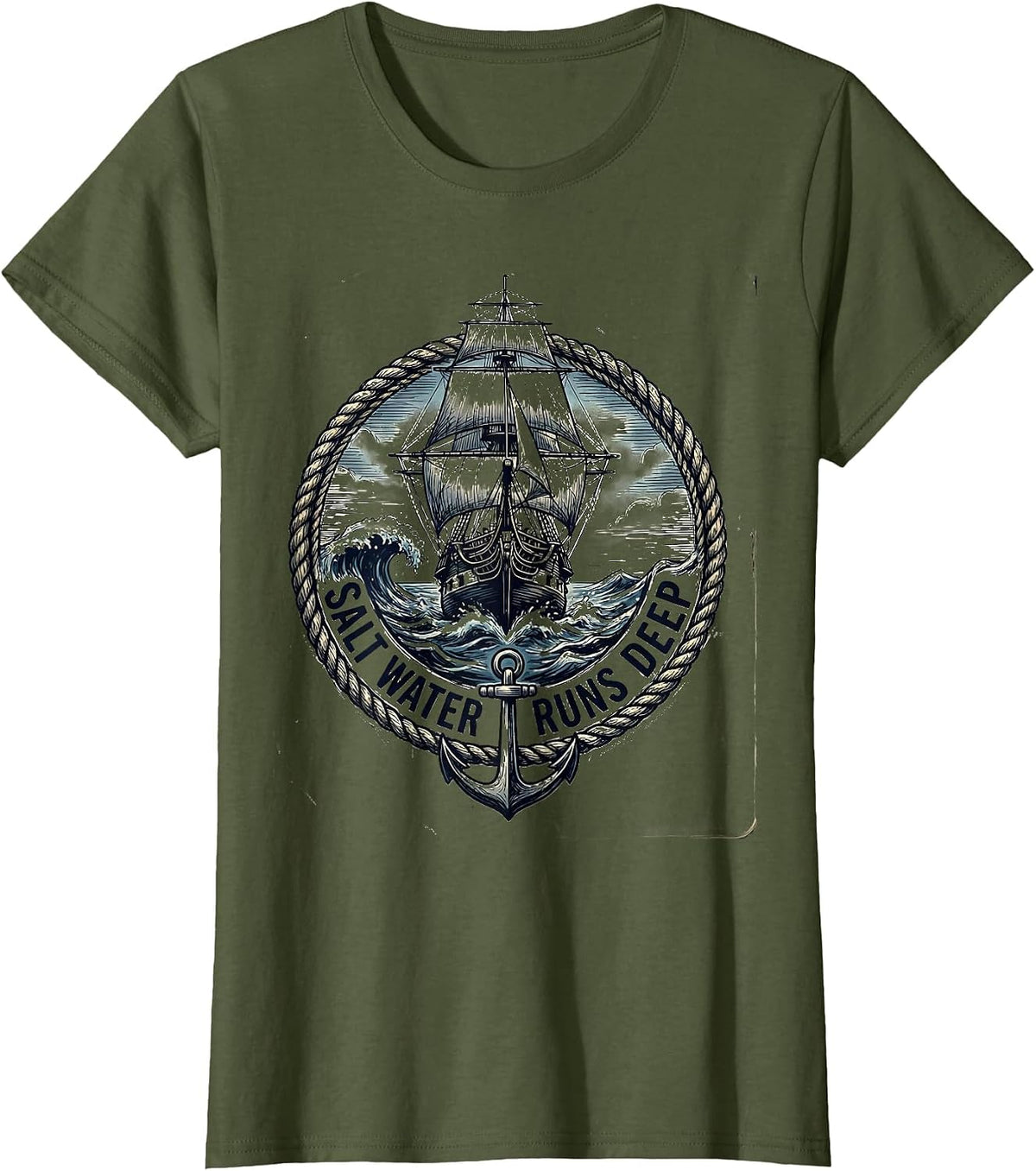 Women's Salt Water Runs Deep Navy Ocean Design T-Shirt - Olive Green