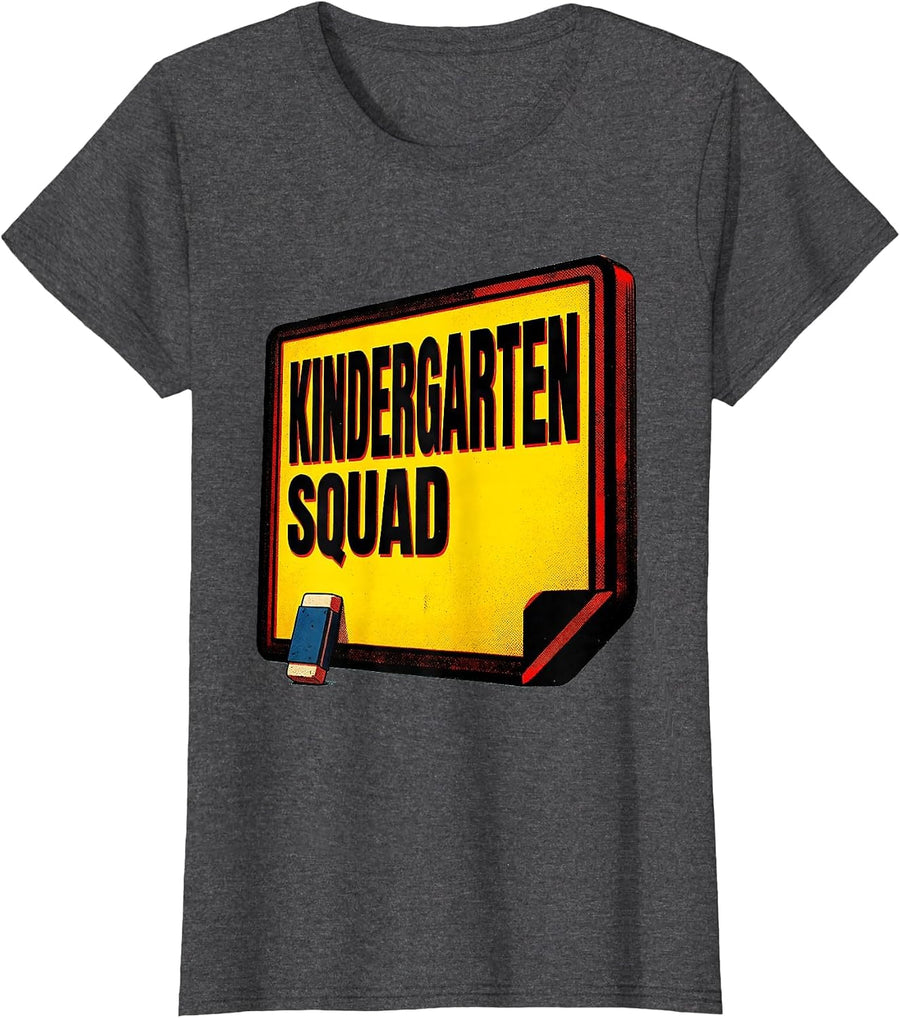 Women's Kindergarten Squad Pop Art Teacher Crew First Day of School T-Shirt - Dark Heather Grey