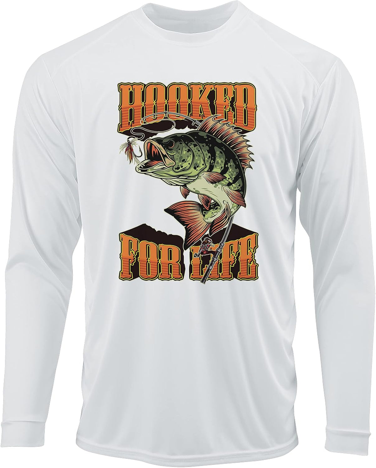 Ink Trendz Hooked for Life Bass Fishing UPF 50+ Dri-Fit Long Sleeve Performance T-Shirt - White