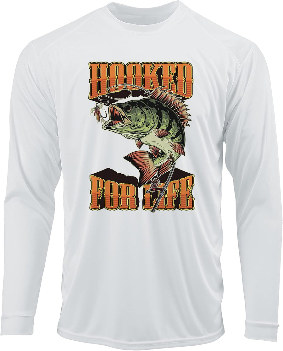 Ink Trendz Hooked for Life Bass Fishing UPF 50+ Dri-Fit Long Sleeve Performance T-Shirt - White