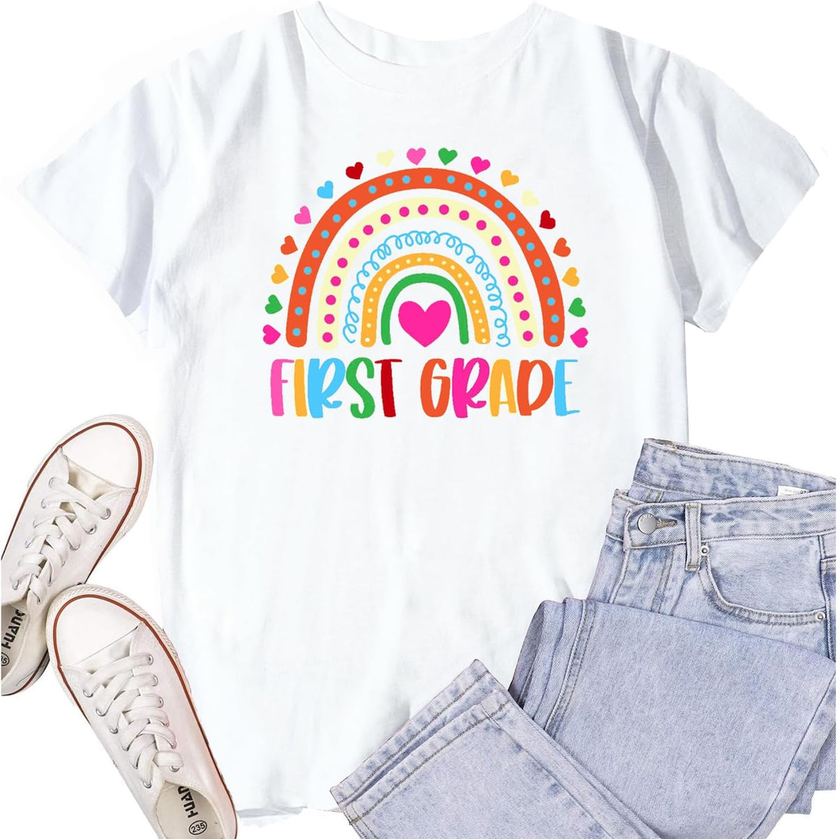 First Grade Teacher Team Shirts for Women 1st Grade Teacher Rainbow Tee Top Teaching Life Tshirt - White