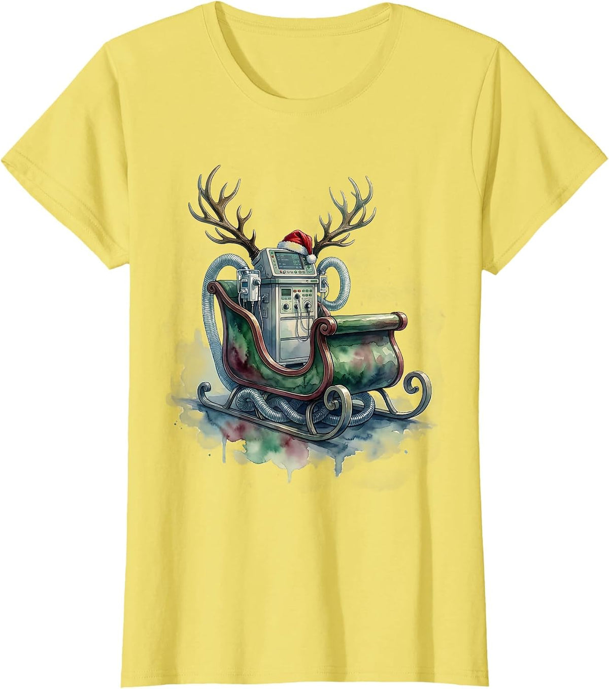 Women's Watercolor Ventilator Sleigh Christmas Respiratory Therapist T-Shirt - Lemon Yellow