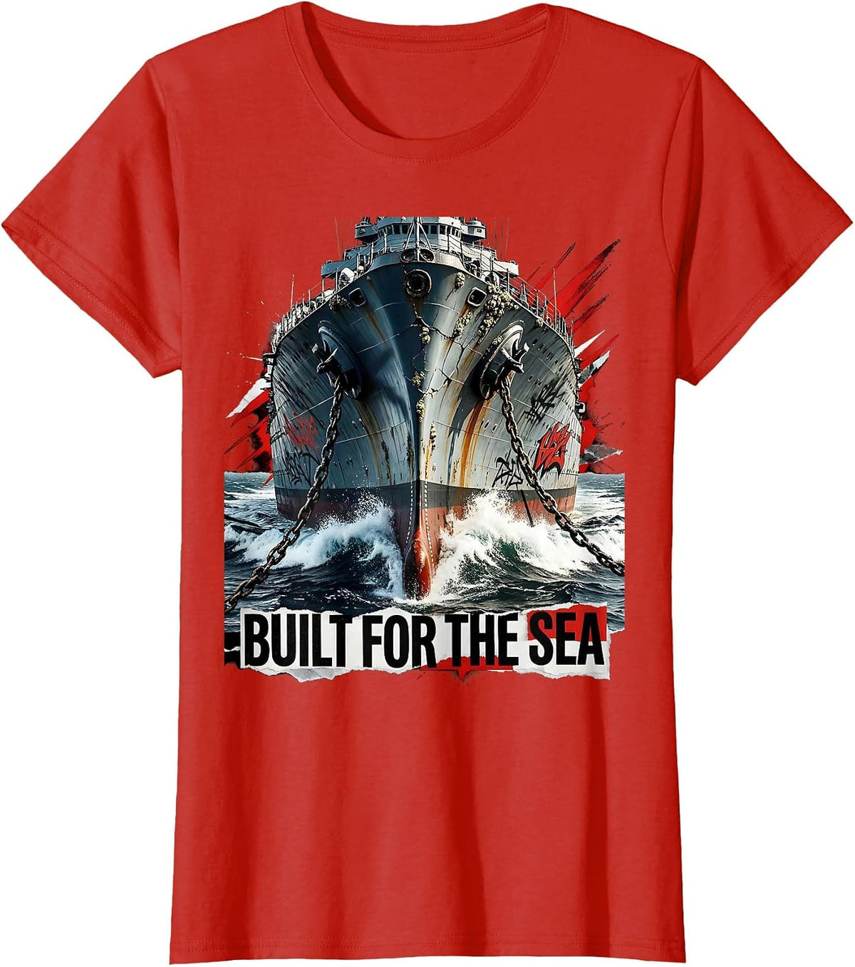Built for the Sea Navy Ocean Graphic Design T-Shirt - Red