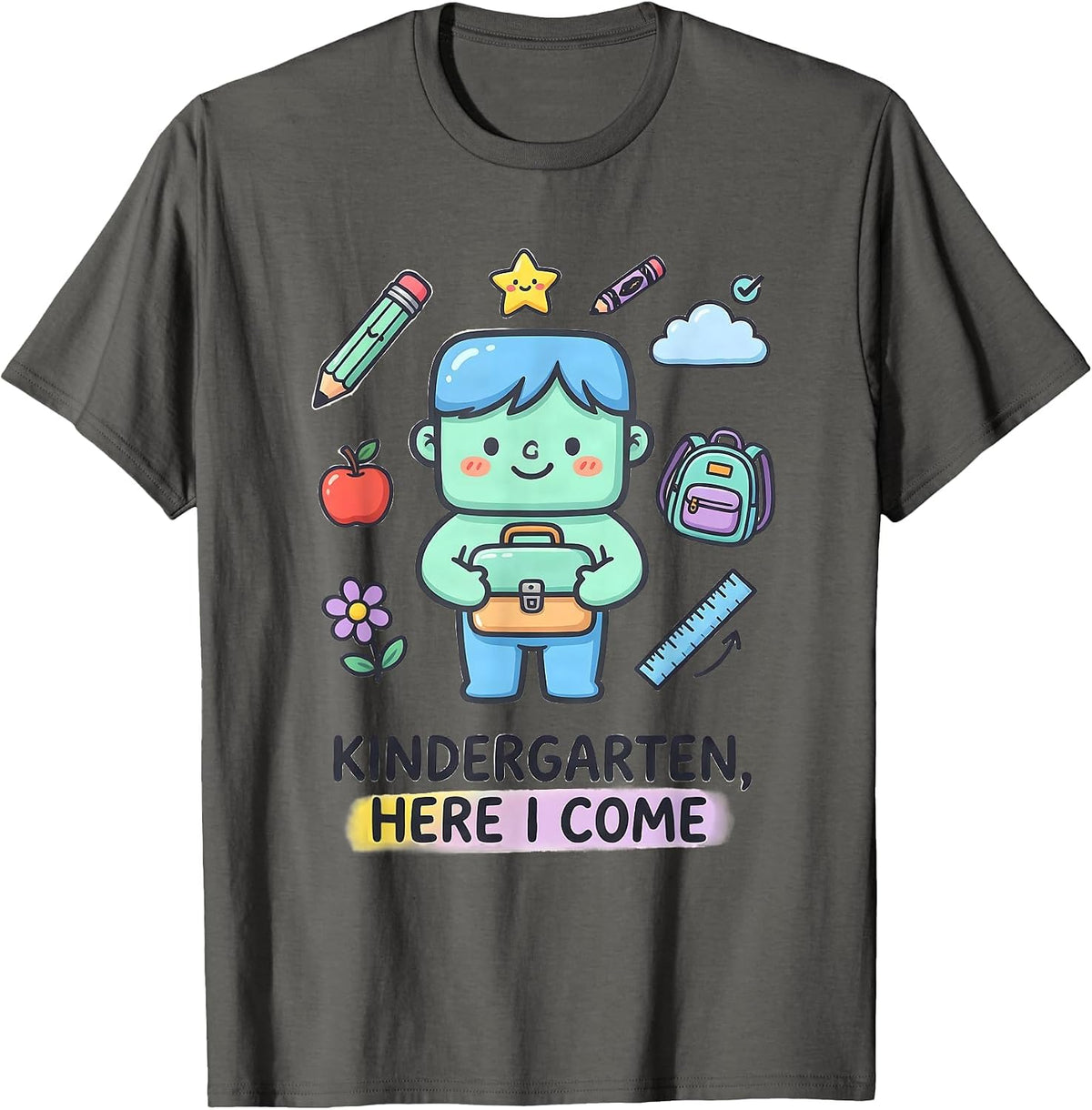 Men's Kindergarten, Here I Come Kawaii Doodle Teacher Back to T-Shirt - Asphalt Grey
