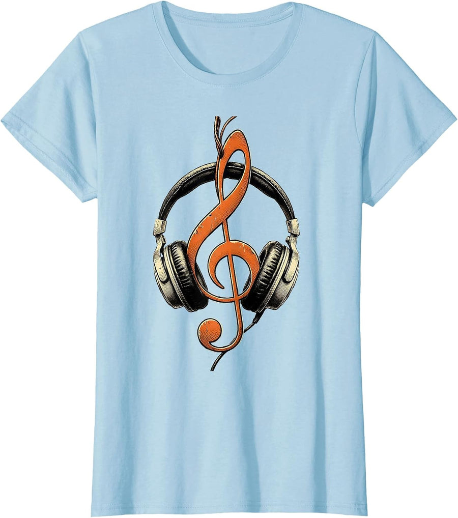 Women's Music Teacher Headphones Treble Clef Graphic T-Shirt - Baby Blue