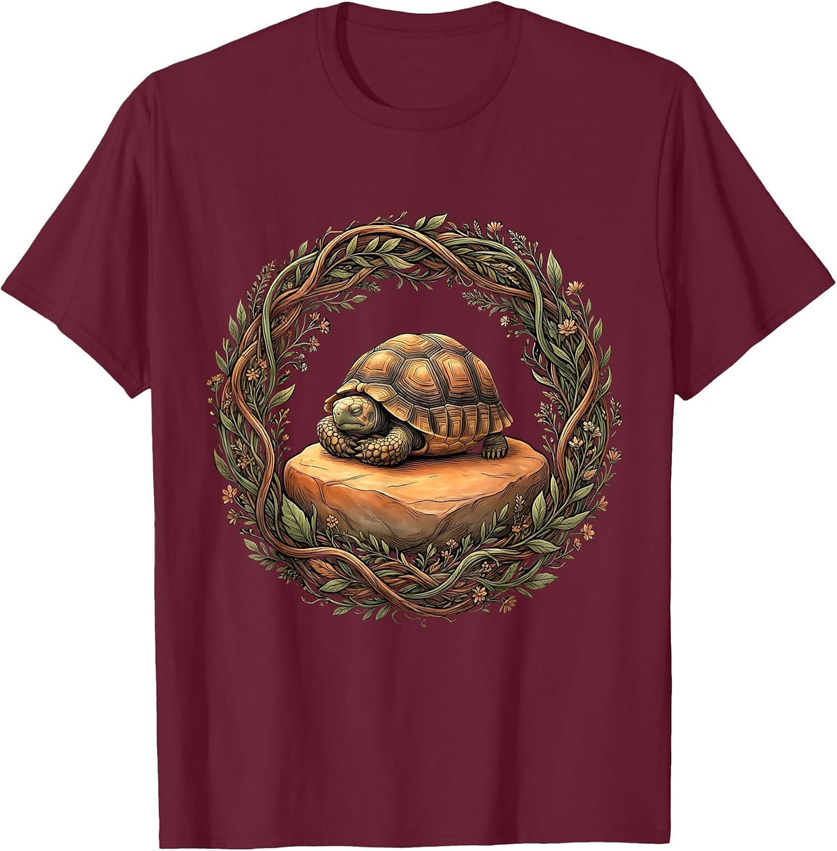 Tortoise Napping on Warm Rock Illustration T-Shirt - Burgundy