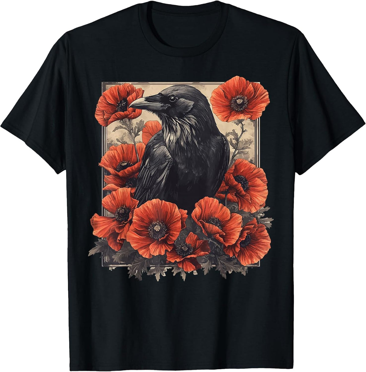 Raven Red Flowers Floral T-Shirt - Black