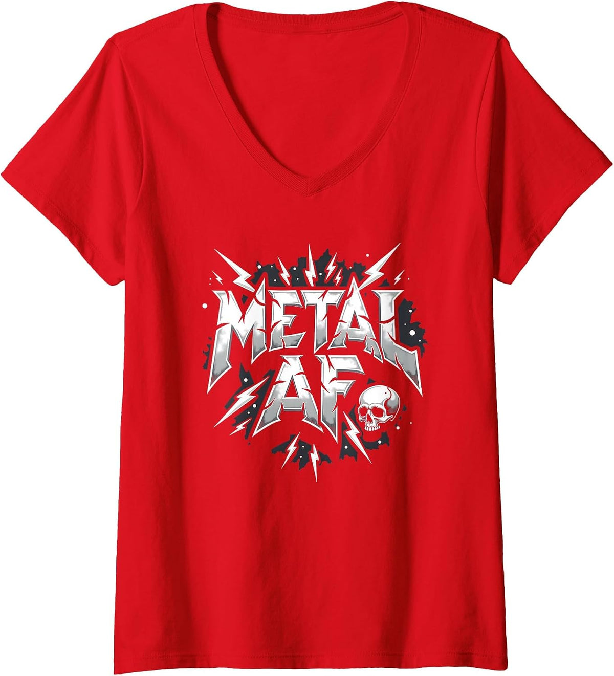 Women's Metal AF Heavy Metal Thunder Skull Rock Rockstar Fan V-Neck T-Shirt - Red