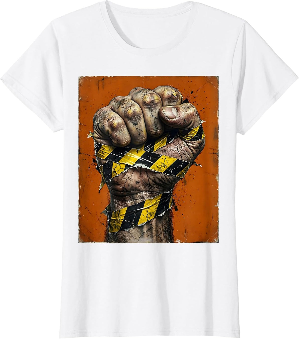 Black and Yellow Caution Fist Graphic Design T-Shirt - White
