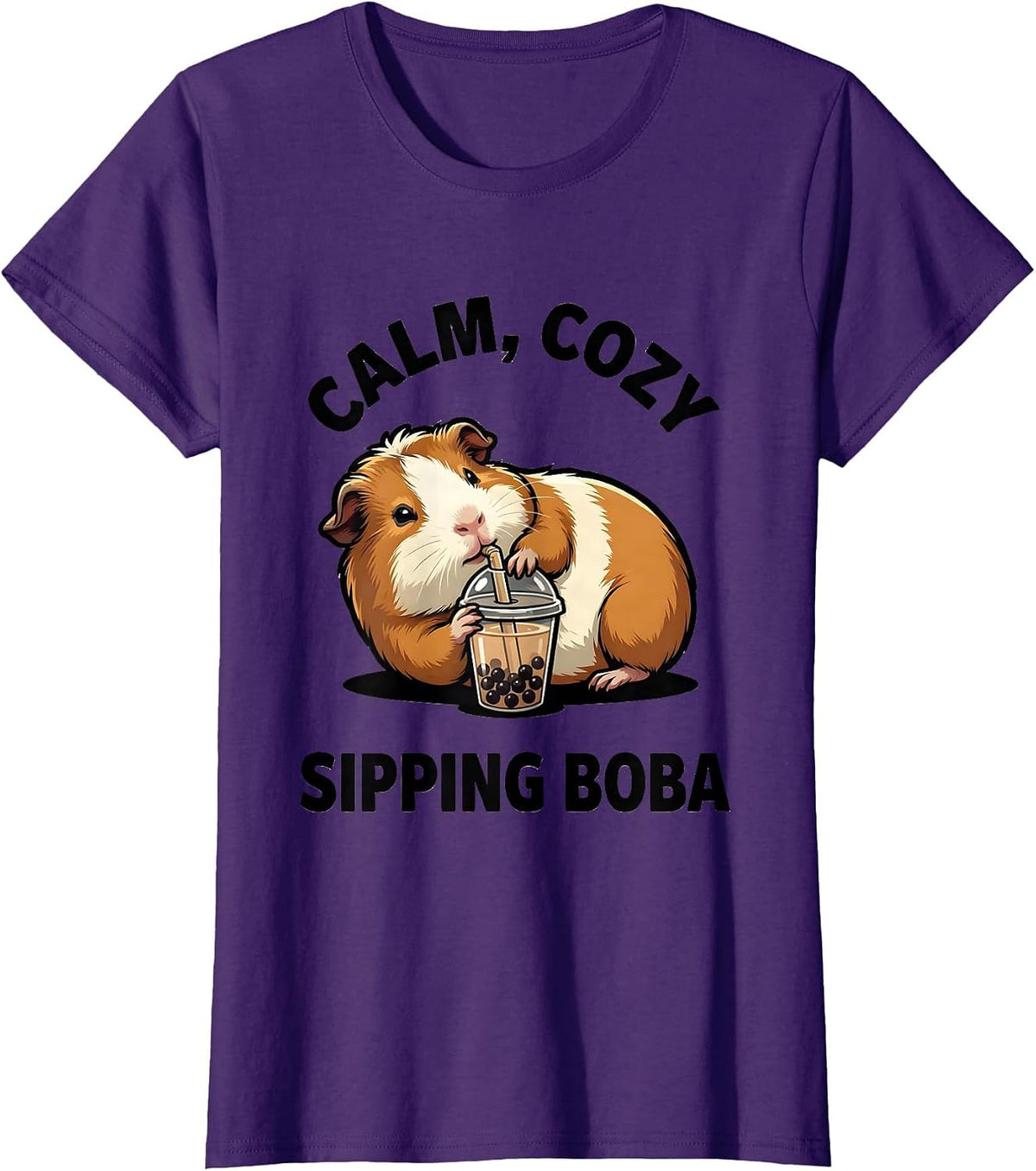 Women's Calm Cozy Sipping Boba Cute Kawaii Guinea Pig Anime Girl T-Shirt - Purple