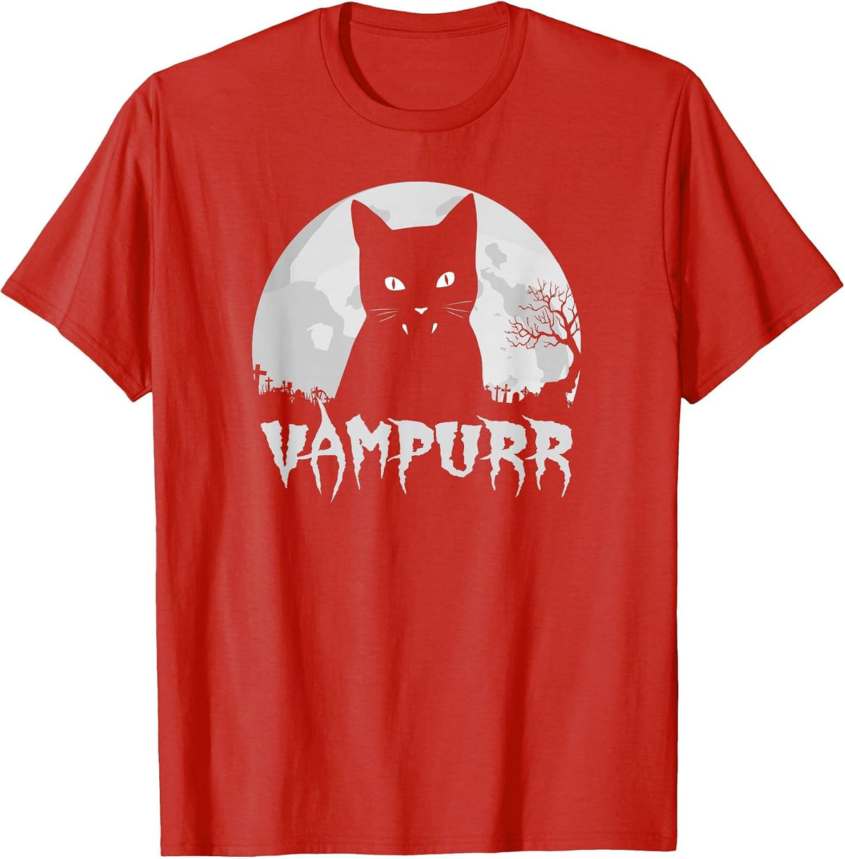 Halloween Black Cat Vampire with Full Moon - Vampurr Pun T-Shirt - Red