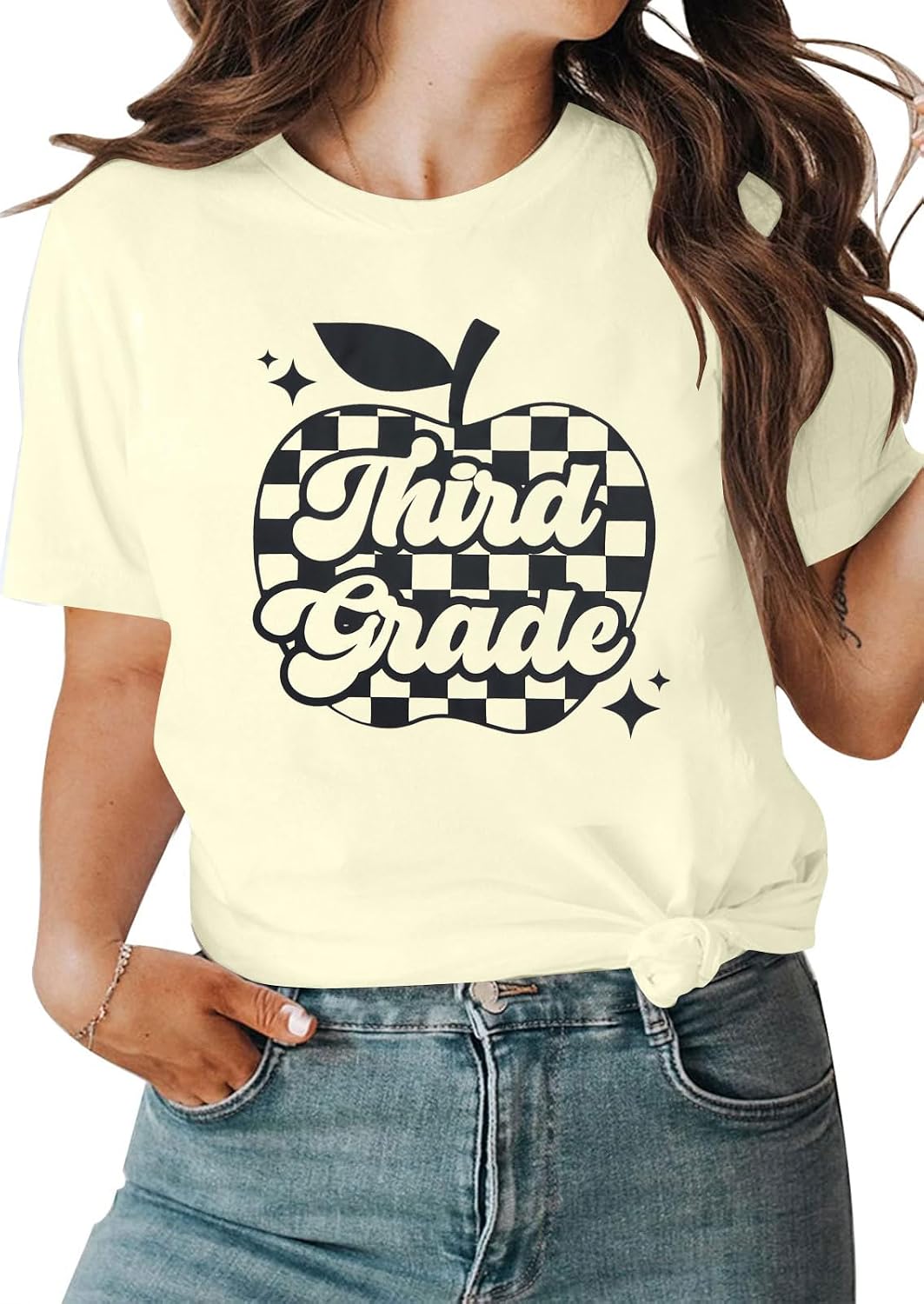 Teacher Shirts for Women First Grade Teacher Shirt Back to School Graphic Tees Casual Elementary Short Sleeve Tops - Apricot