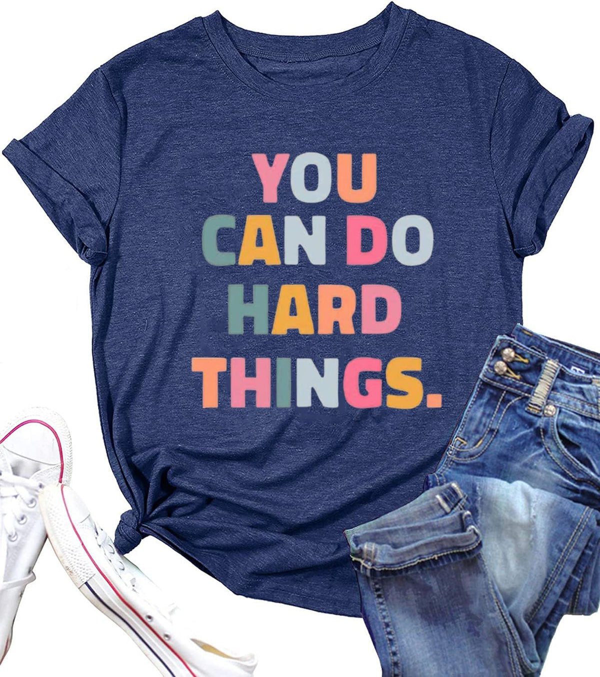 First Grade Teacher Shirts Women You Can Do Hard Things Tshirt Inspirational Saying Graphic Tee Tops - Navy