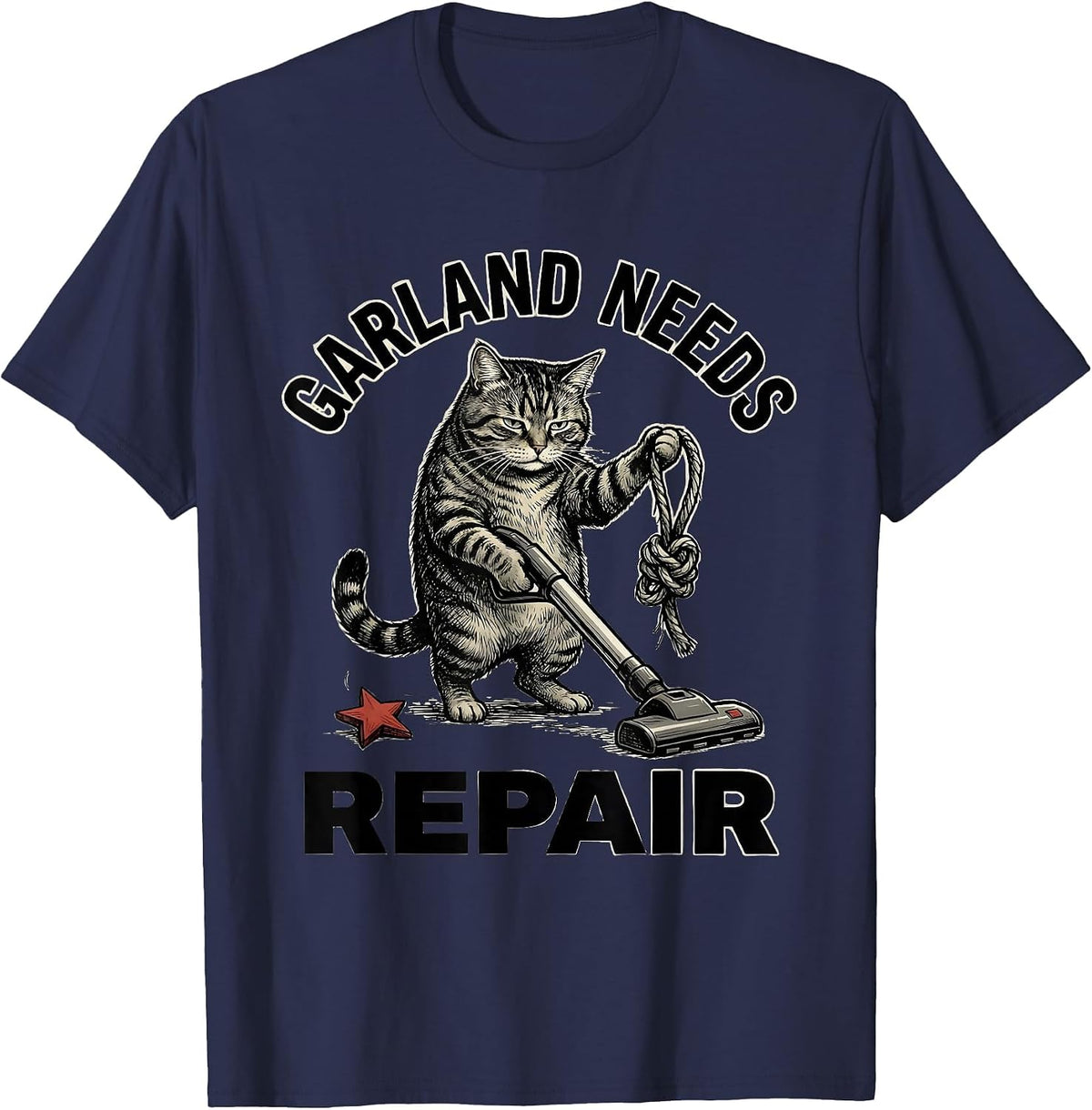 Garland Needs Repair Funny Cat Lover Christmas Grumpy Humor T-Shirt - Navy Blue