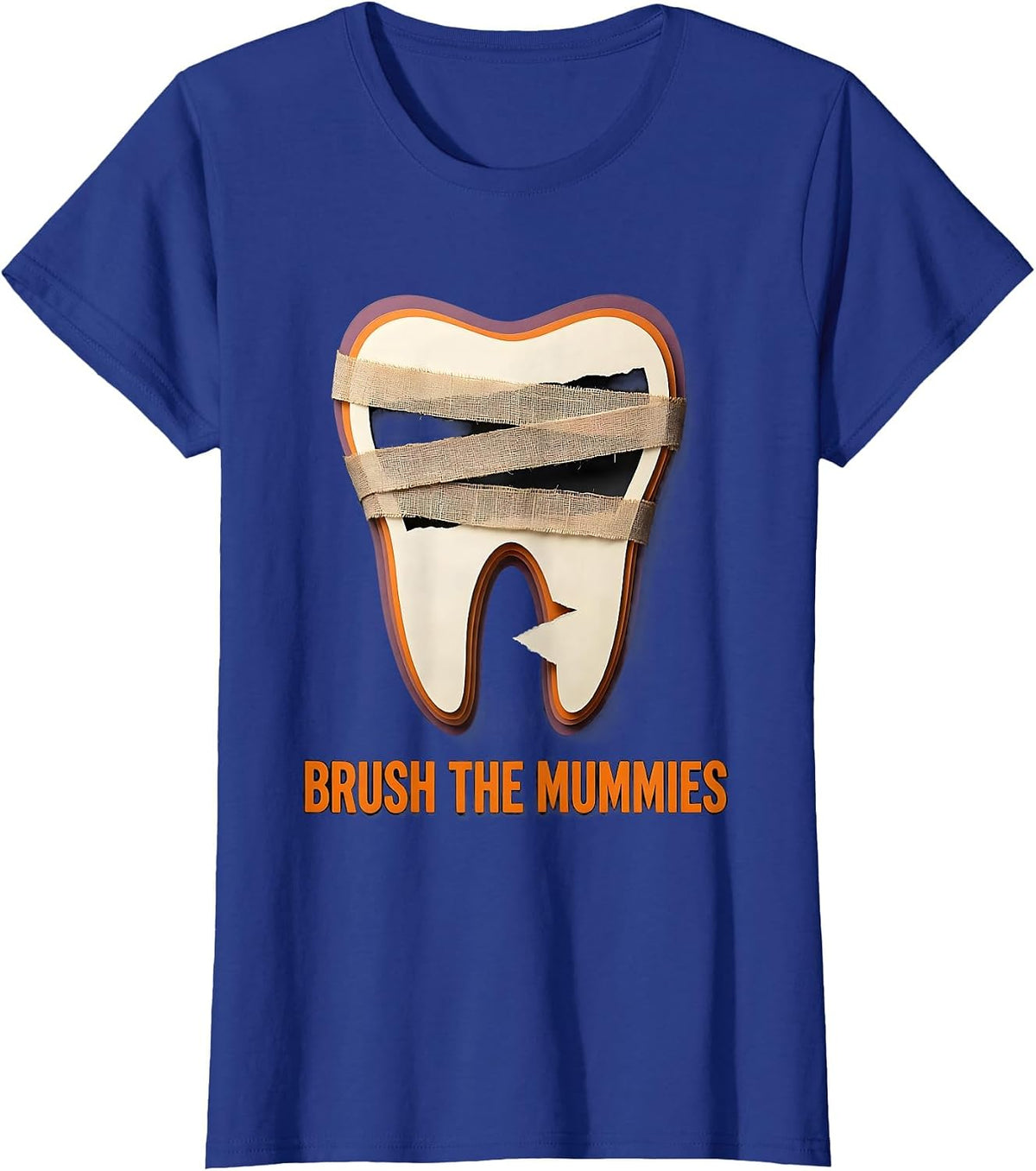 Women's Brush the Mummies Paper Cutout Dental Halloween Dentist T-Shirt - Royal Blue