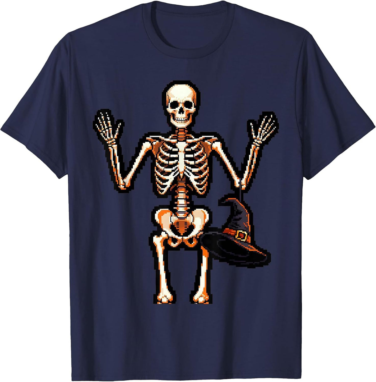 Dabbing Skeleton Pixel Art Halloween Meme Humor T-Shirt - Navy Blue