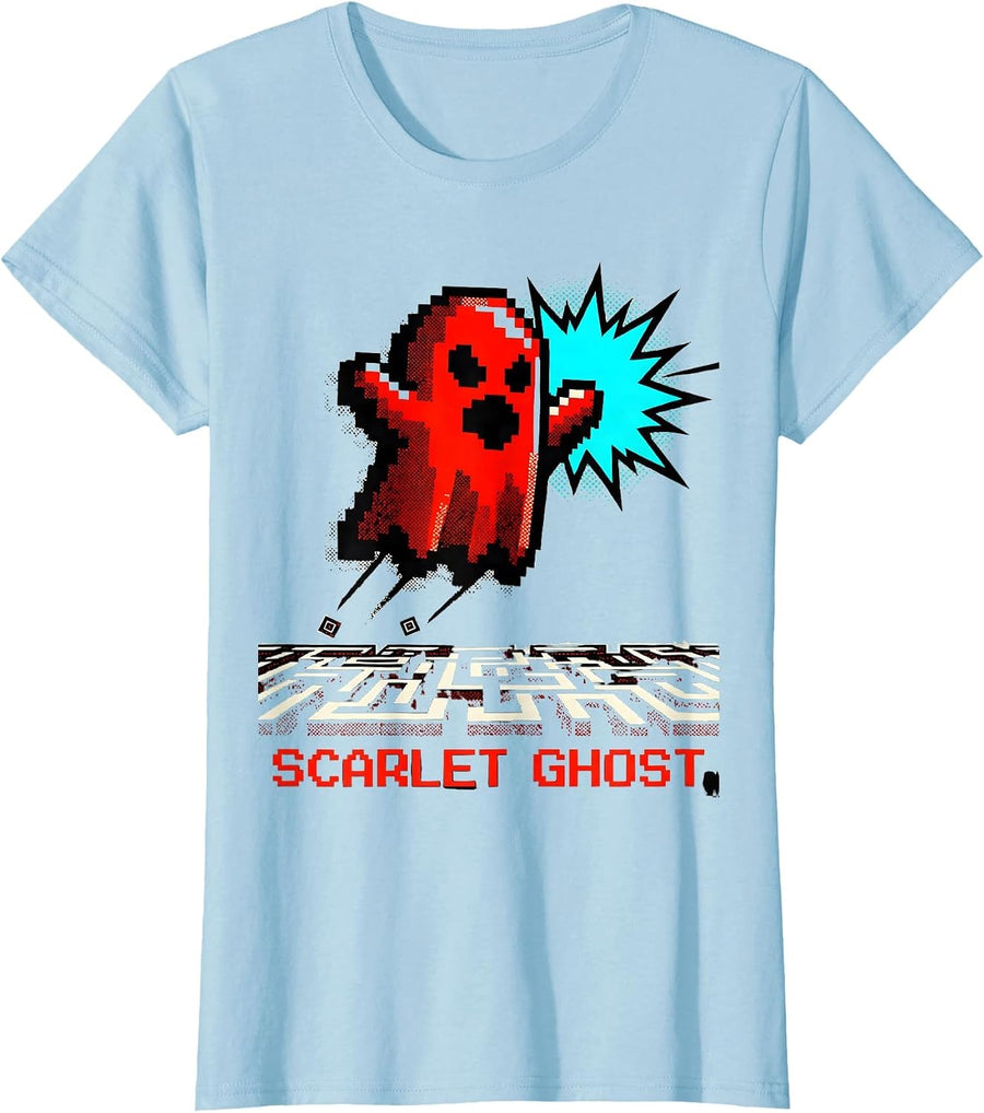 Women's Scarlet Ghost Pop Art Retro Arcade Ghost Halloween Group T-Shirt - Baby Blue