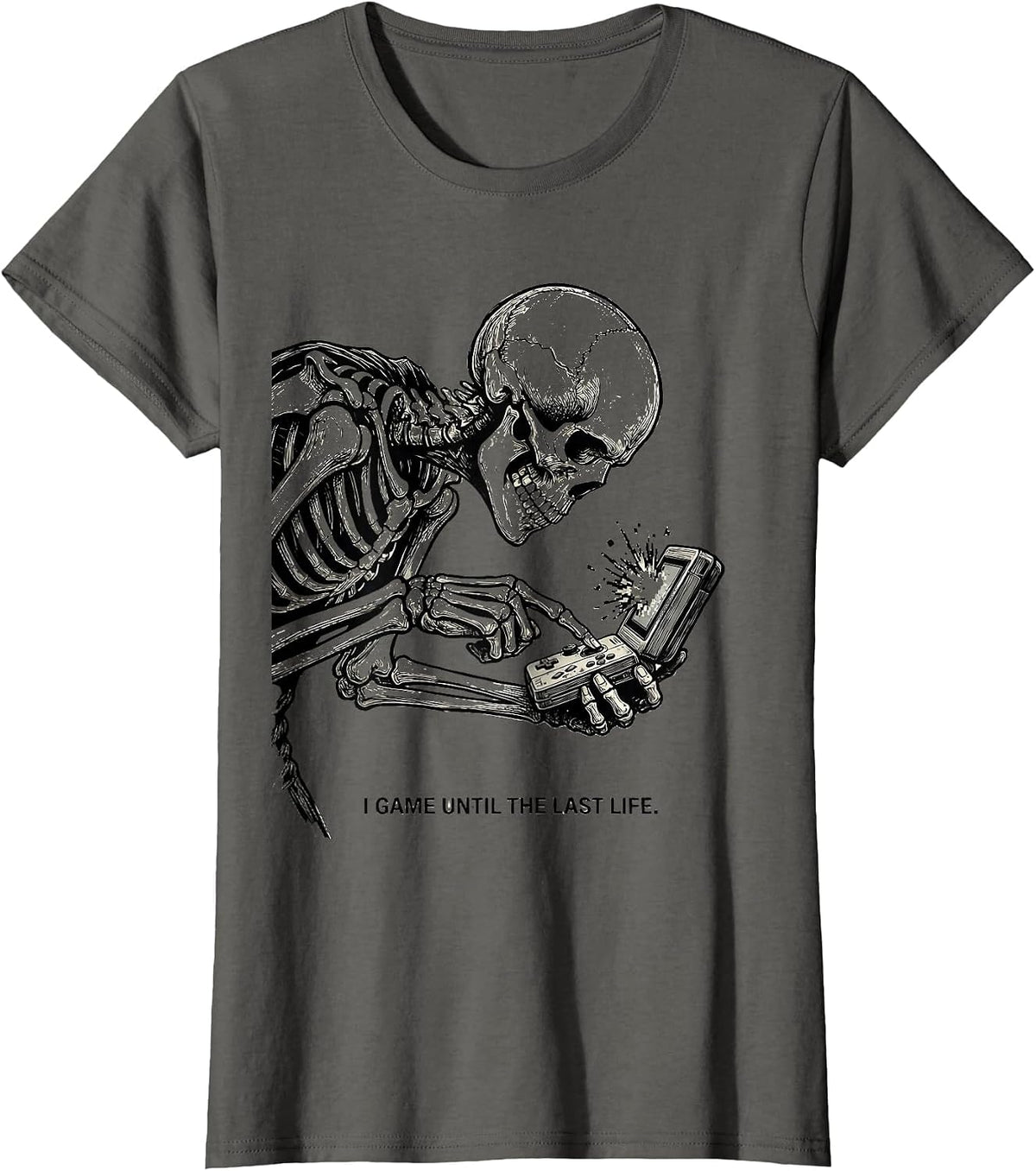 Women's I Game Until The Last Life Funny Halloween Skeleton Gamer T-Shirt - Asphalt Grey