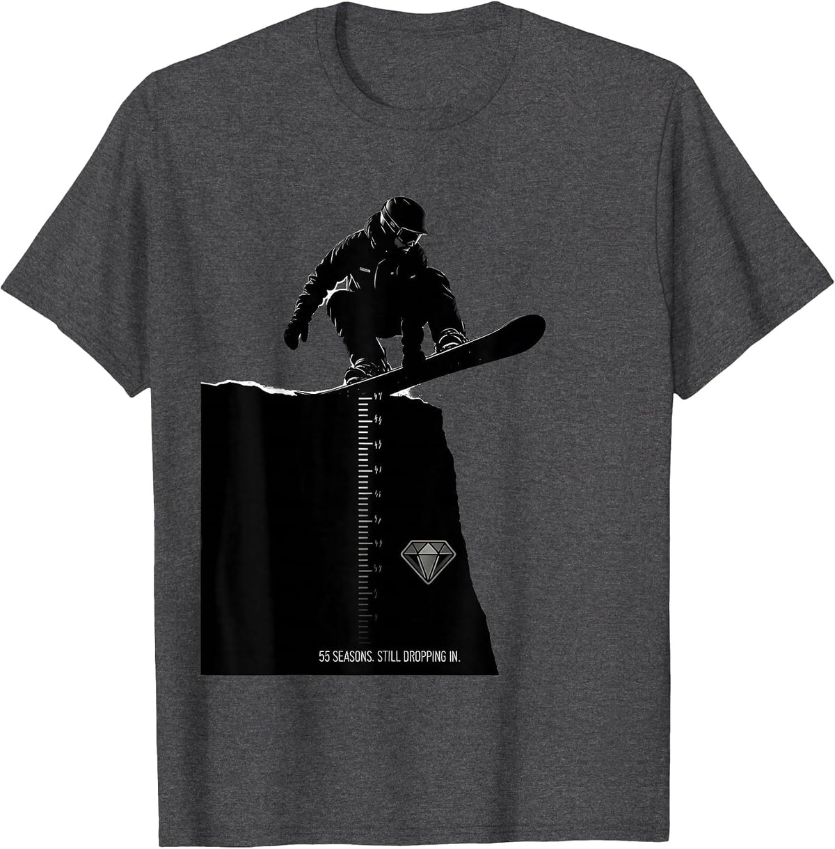 55 Seasons Still Dropping In Funny Snowboarder Silhouette T-Shirt - Dark Heather Grey
