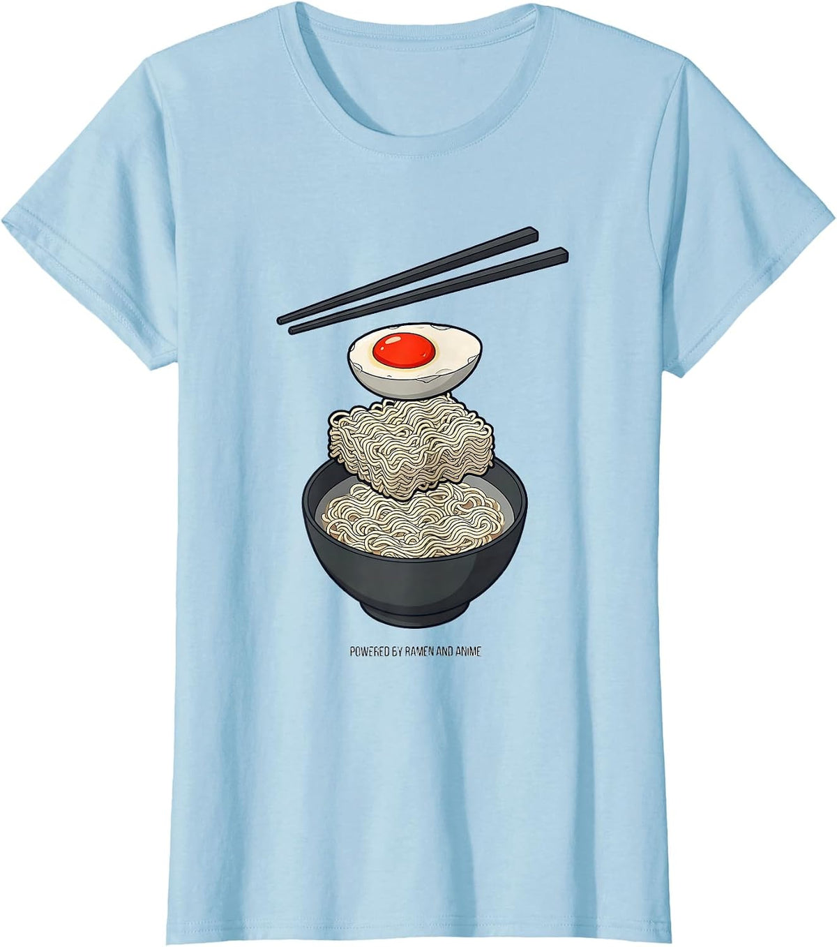 Women's Powered By Ramen And Anime Retro Anime Lover Foodie Humor T-Shirt - Baby Blue