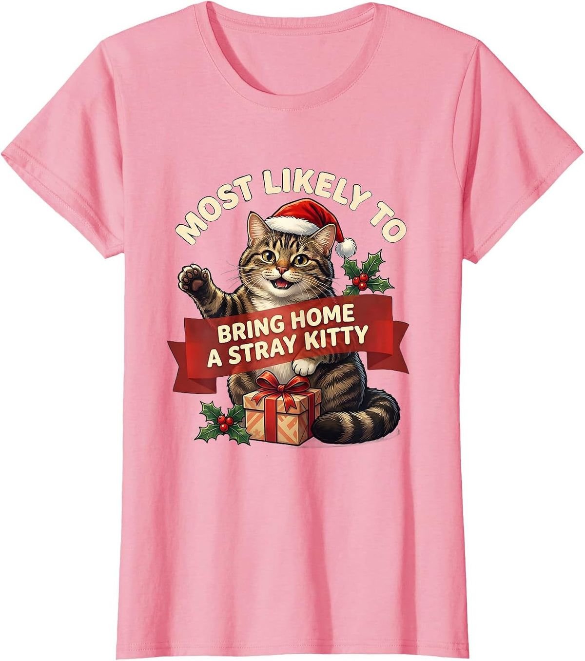 Women's Most Likely To Bring Home A Stray Kitty Cat Lover Christmas T-Shirt - Pink