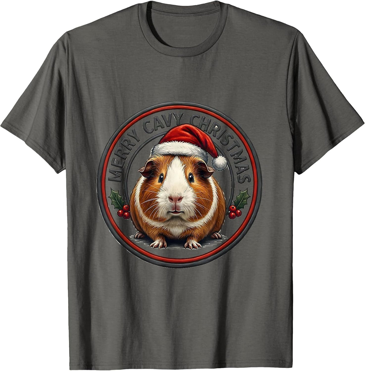 Men's Merry Cavy Christmas Funny Guinea Pig Santa Hat Holiday T-Shirt - Asphalt Grey