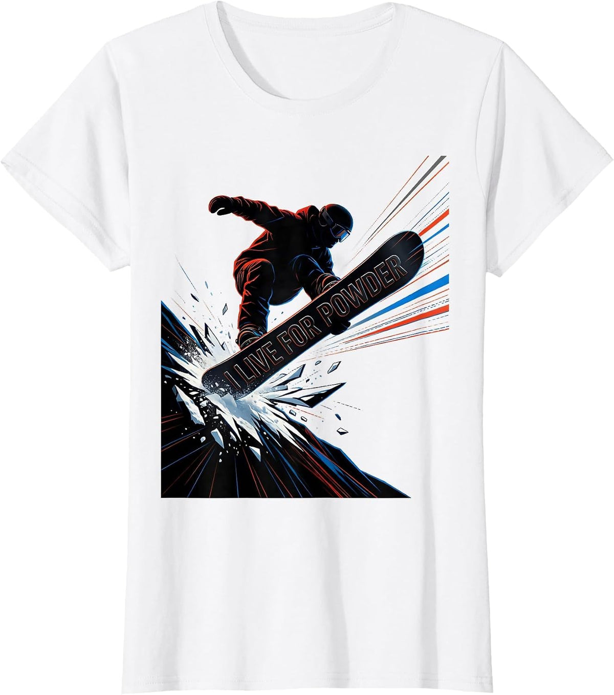 Women's I Live For Powder Futurist Snowboarder Winter Sports Humor T-Shirt - White