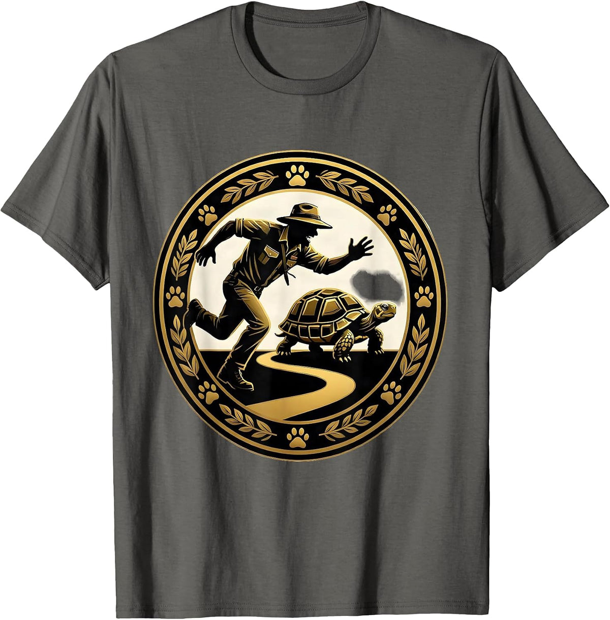 Men's Zookeeper Chasing Runaway Tortoise Funny Zoo T-Shirt - Asphalt Grey